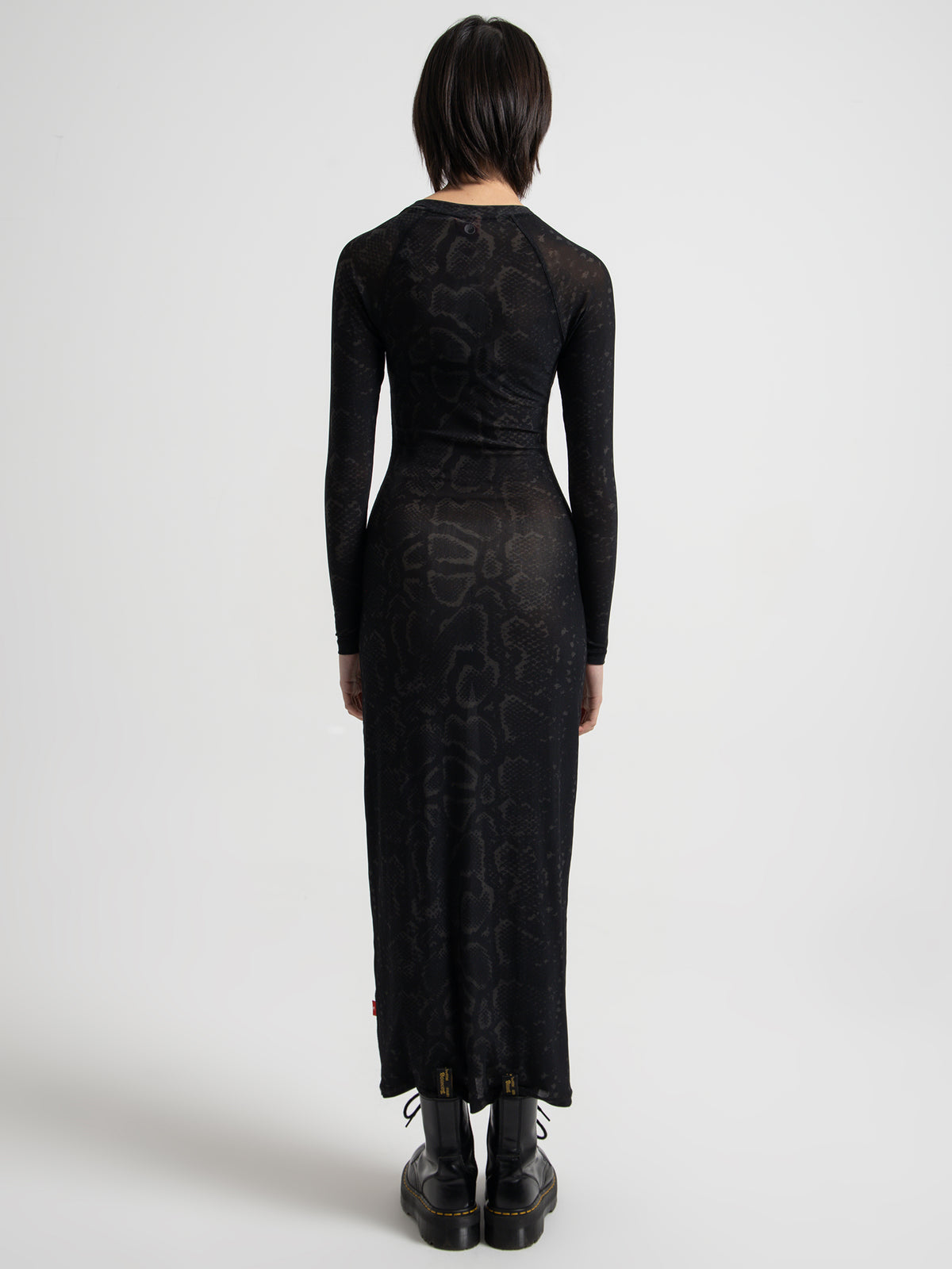 Worship Viper Long Sleeve Mesh Maxi Dress in Washed Black | Washed Black