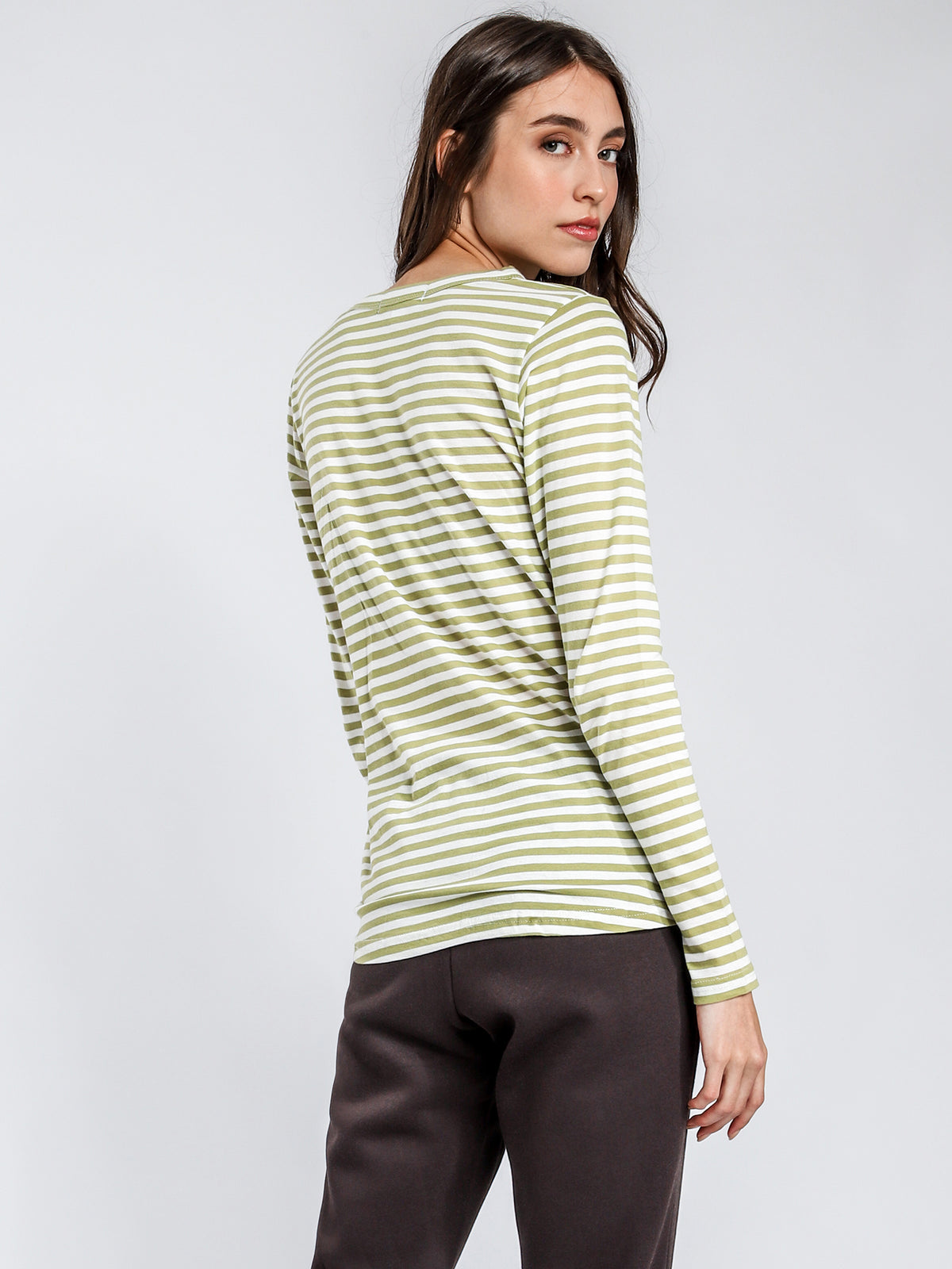 Nude Lucy Ava Long Sleeve Top in Olive Green & White Stripe | Olive Stripe