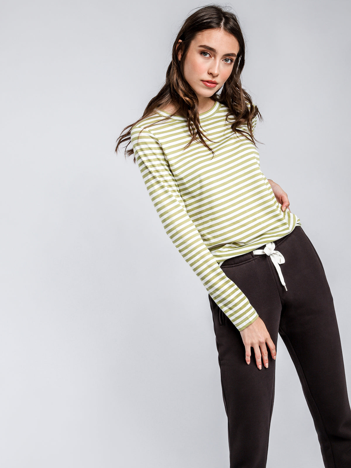 Nude Lucy Ava Long Sleeve Top in Olive Green & White Stripe | Olive Stripe