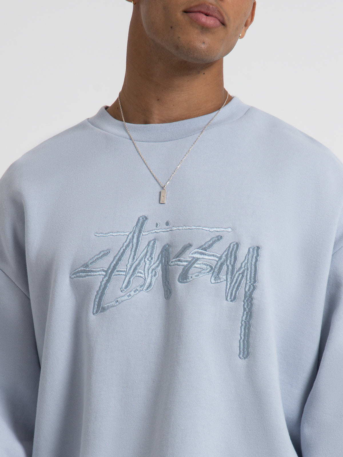 Stussy Solid Stock Embroidered Crew Sweater in Silver Blue | Blue