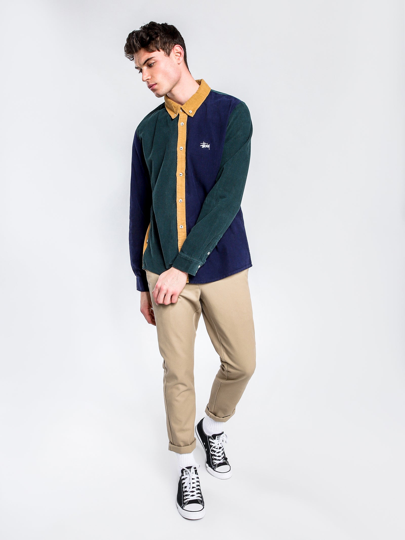 Mckay Long Sleeve Shirt in Green Blue & Tan Corduroy