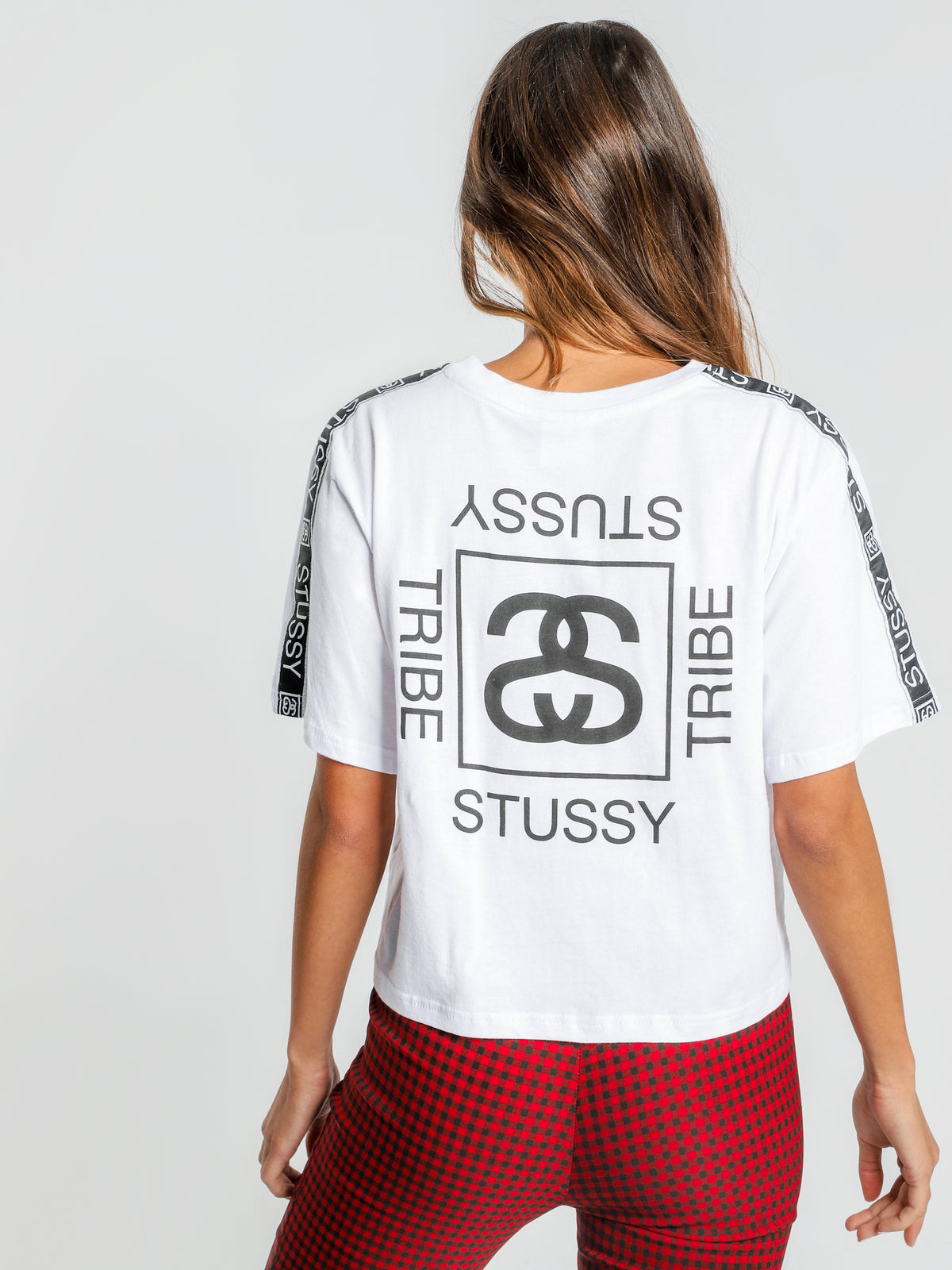 Stussy Arcade Crop T-Shirt in White & Black | White/Black