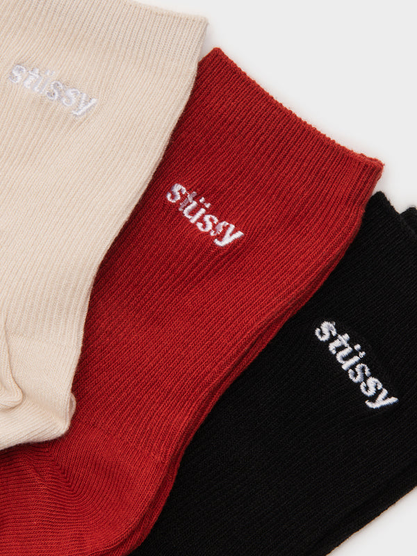 Stussy 3 Pairs of Ribbed Socks in Red, Black & Beige | Glue Store