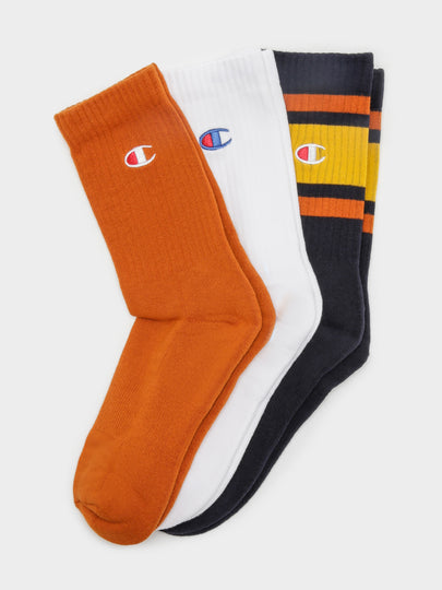 3 Pairs of Mixed Crew Socks in Orange, Black & White