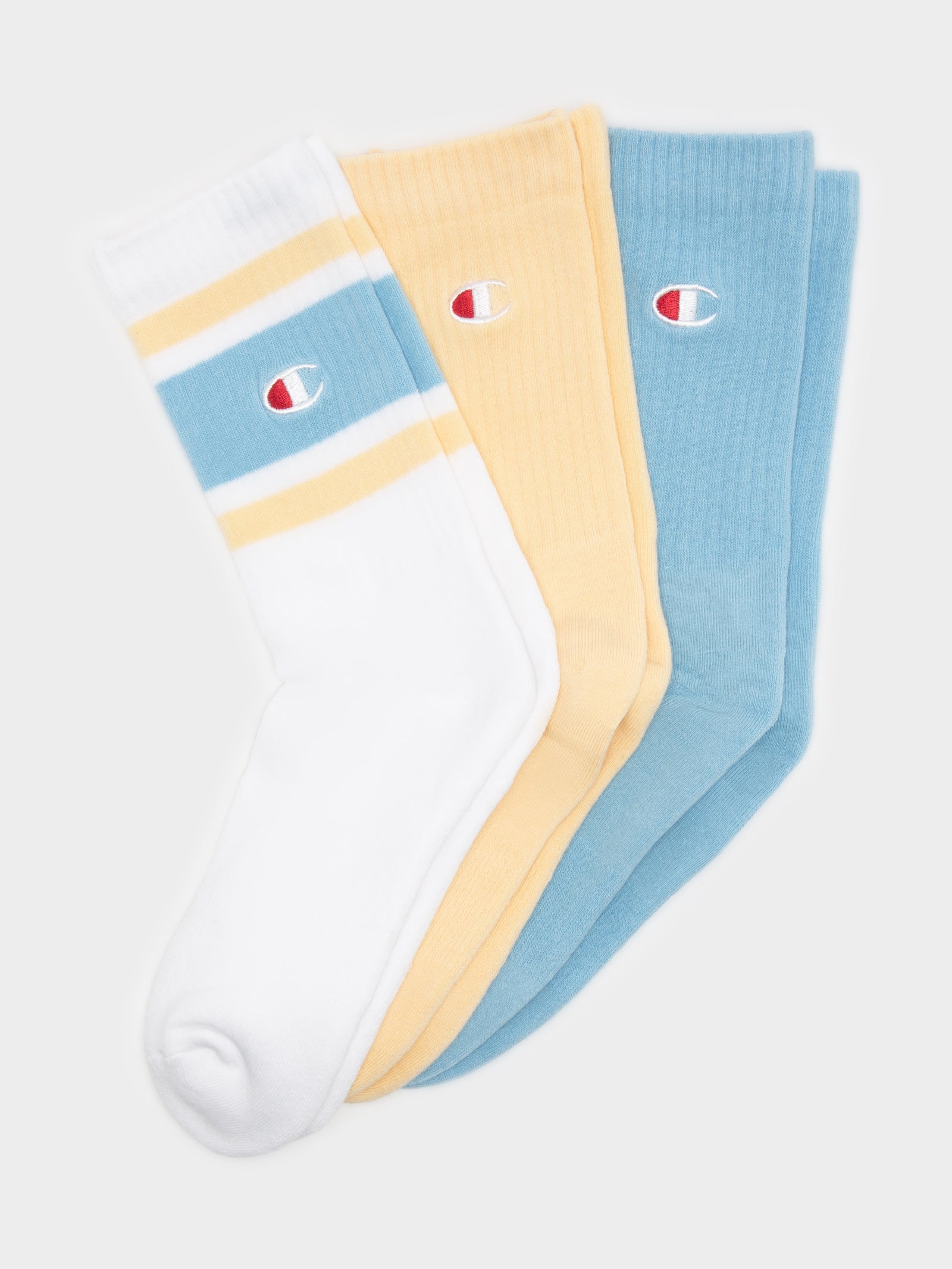 3 Pairs of Mixed Crew Socks in Blue, Yellow & White