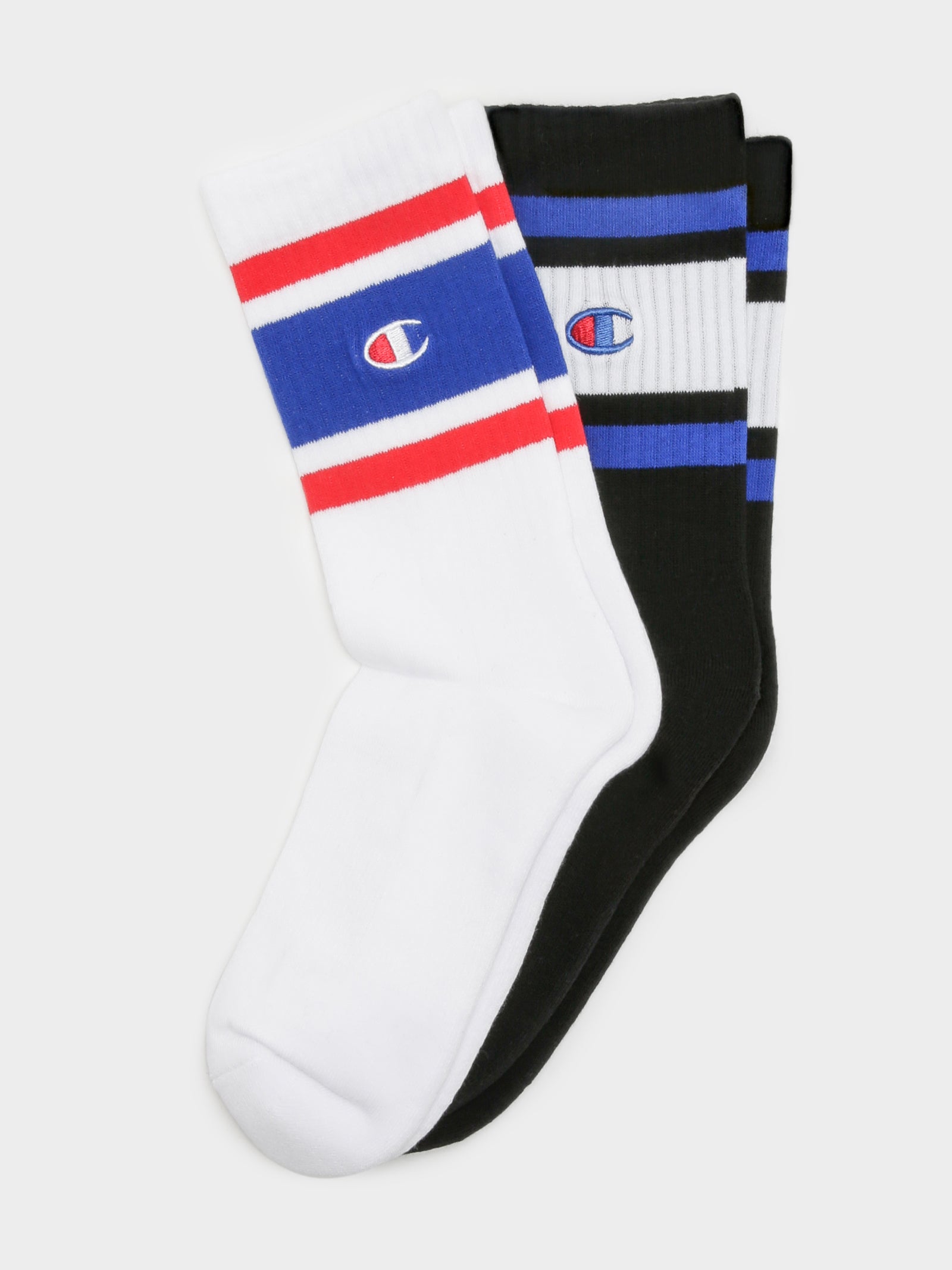 2 Pairs of Stripe Crew Socks in White & Black