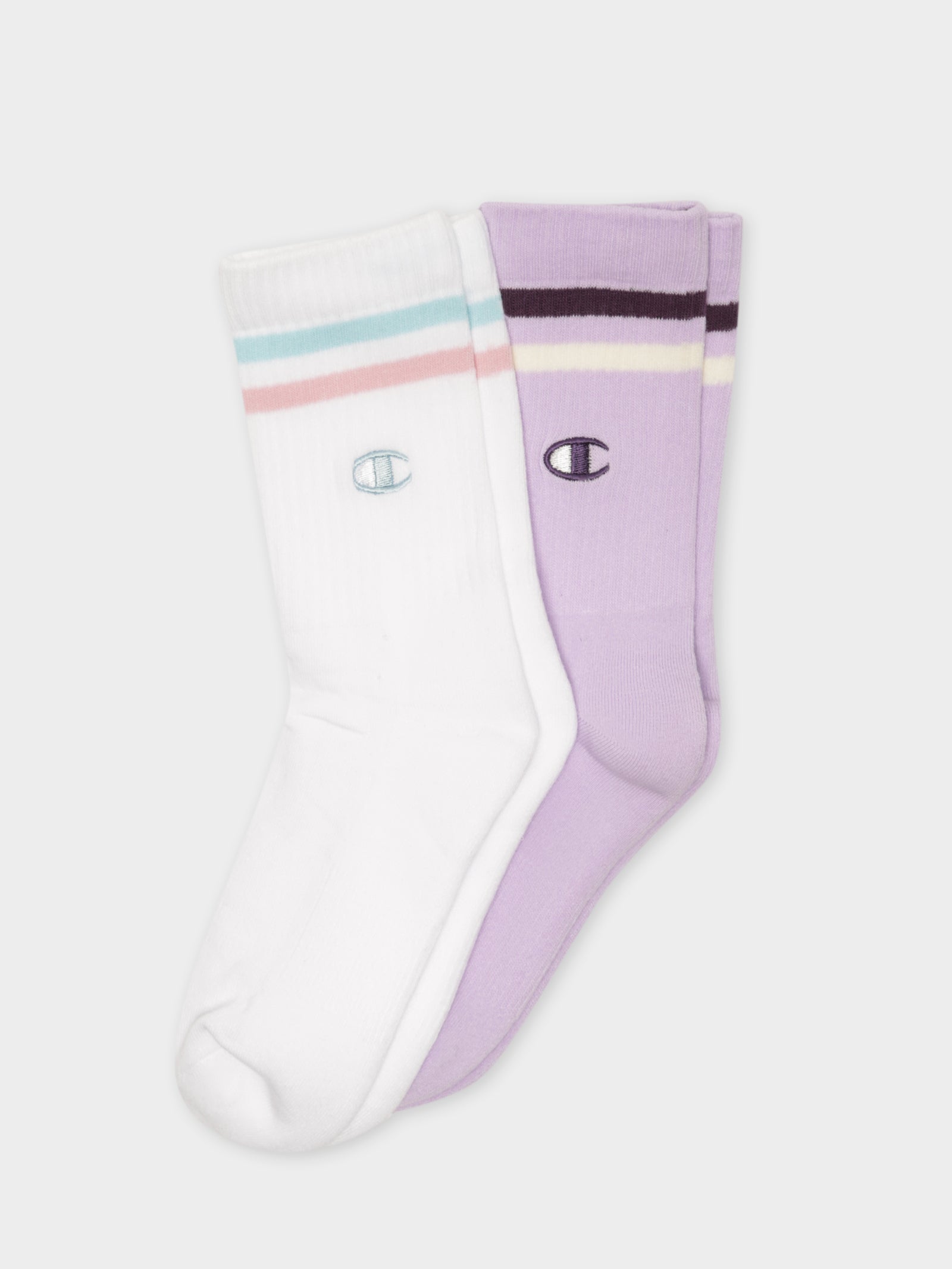 2 Pairs of Branded Crew Socks in White & Purple