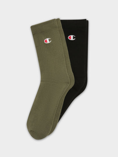 2 Pairs of Branded Crew Socks in Green & Black