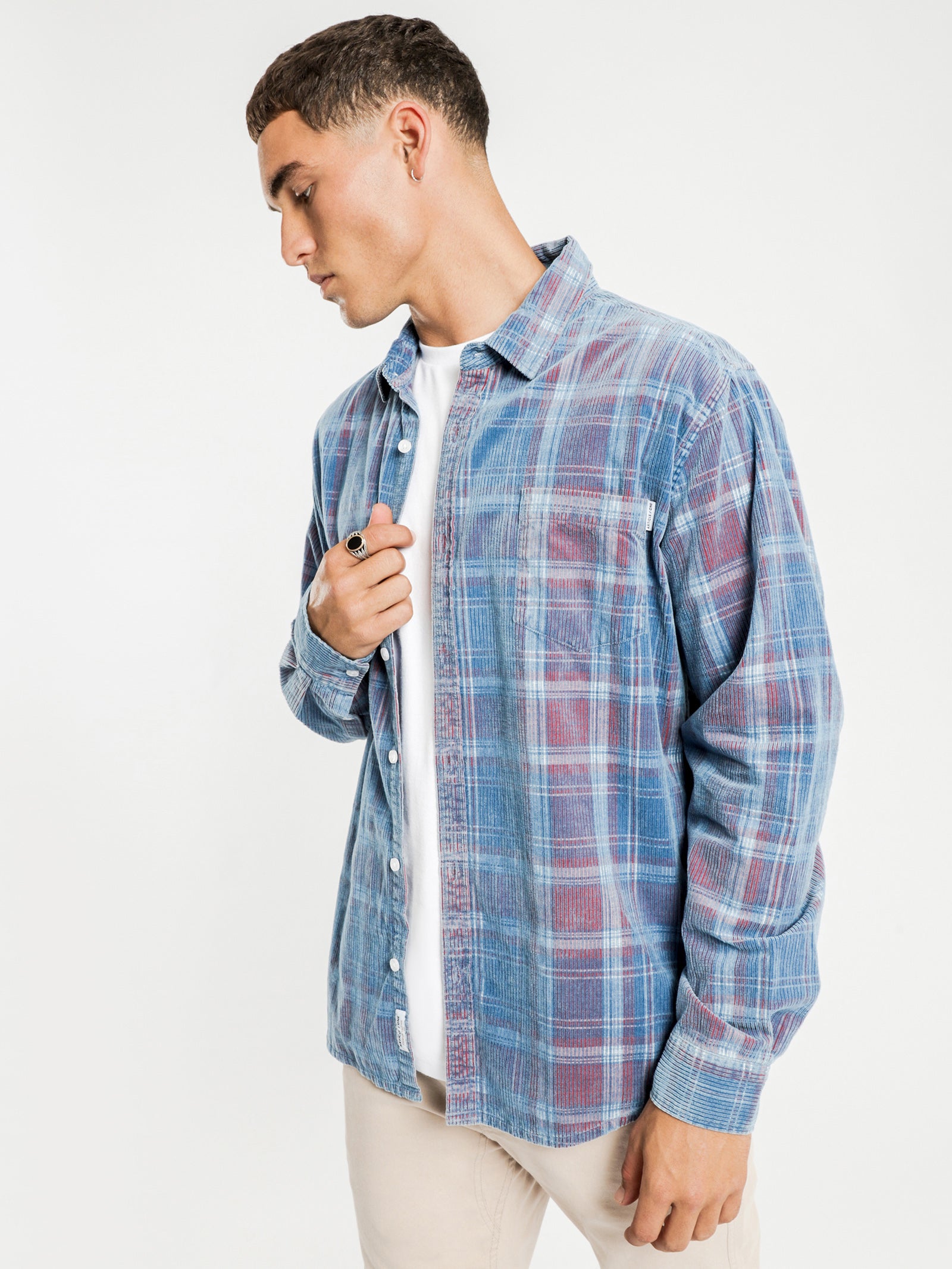 Pierce Cord Long Sleeve Shirt in Indigo Plaid