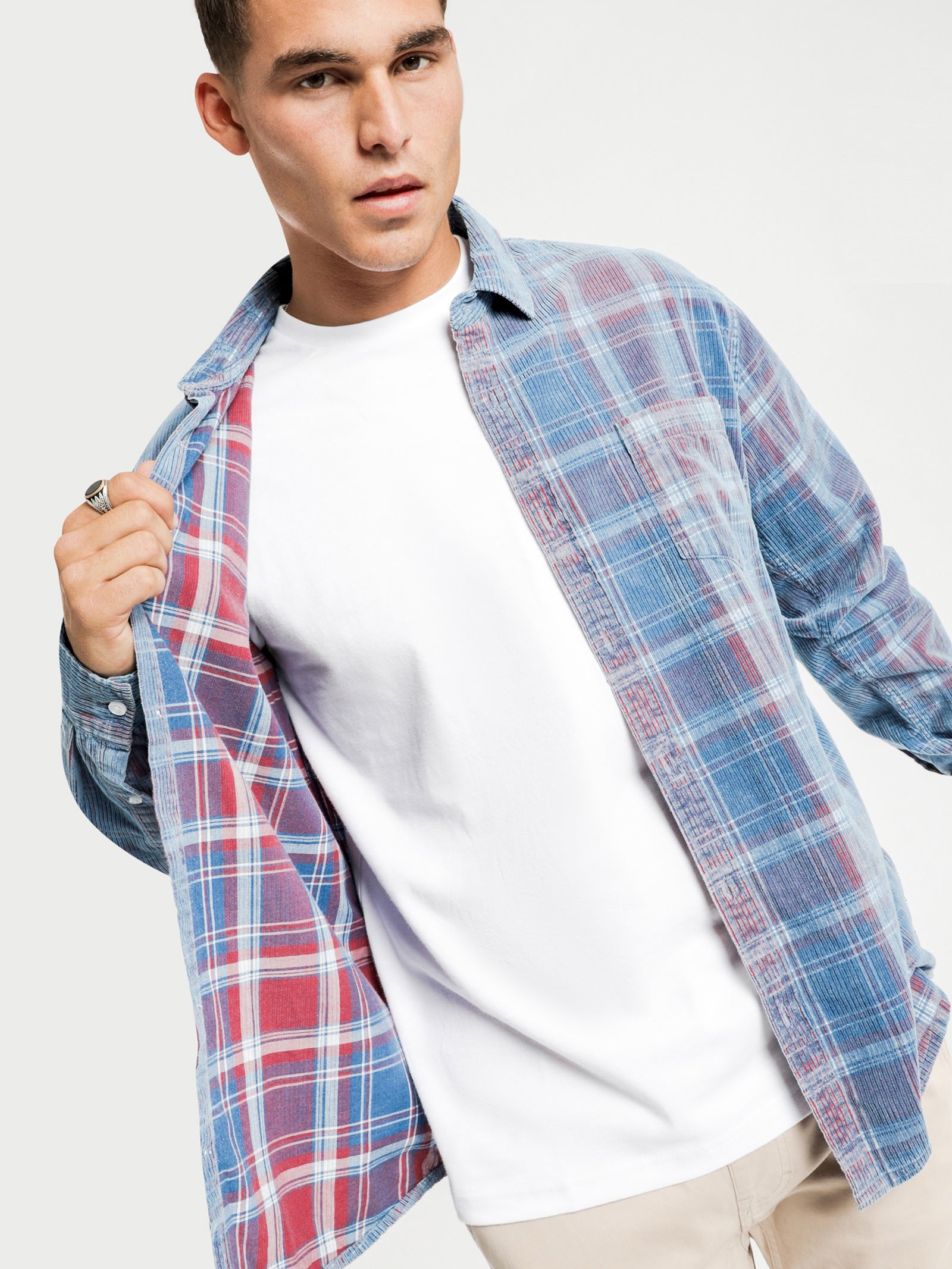 Pierce Cord Long Sleeve Shirt in Indigo Plaid