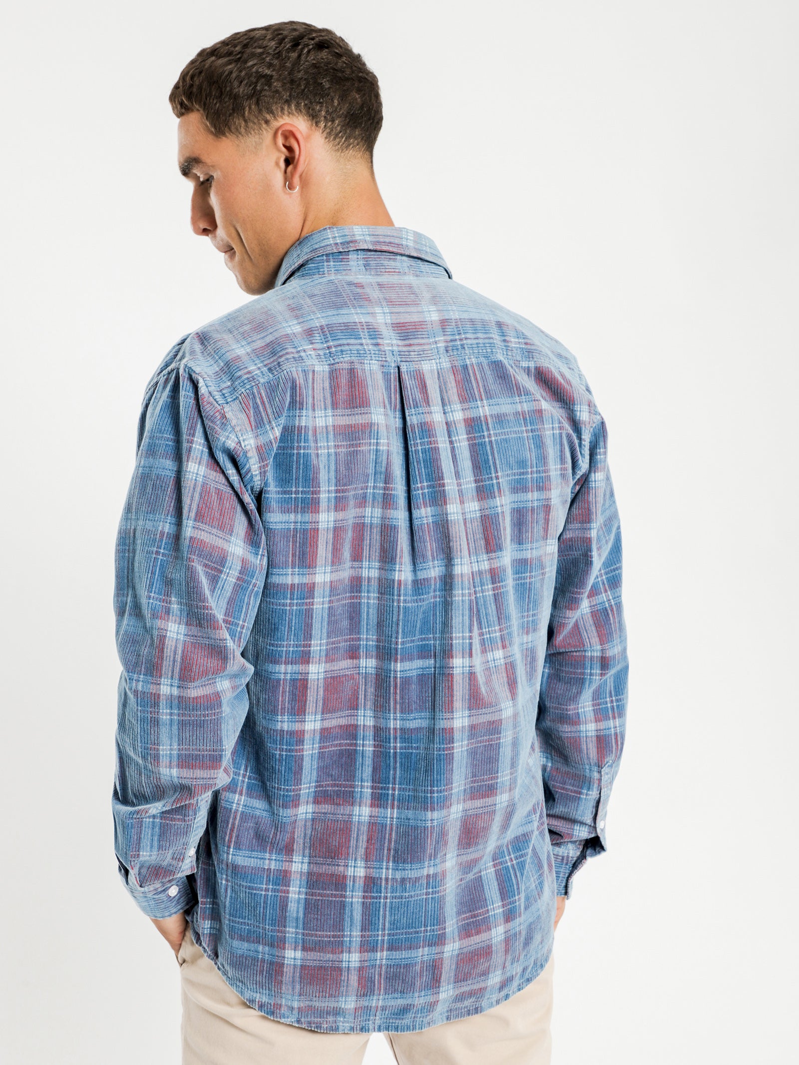 Pierce Cord Long Sleeve Shirt in Indigo Plaid