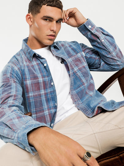 Pierce Cord Long Sleeve Shirt in Indigo Plaid