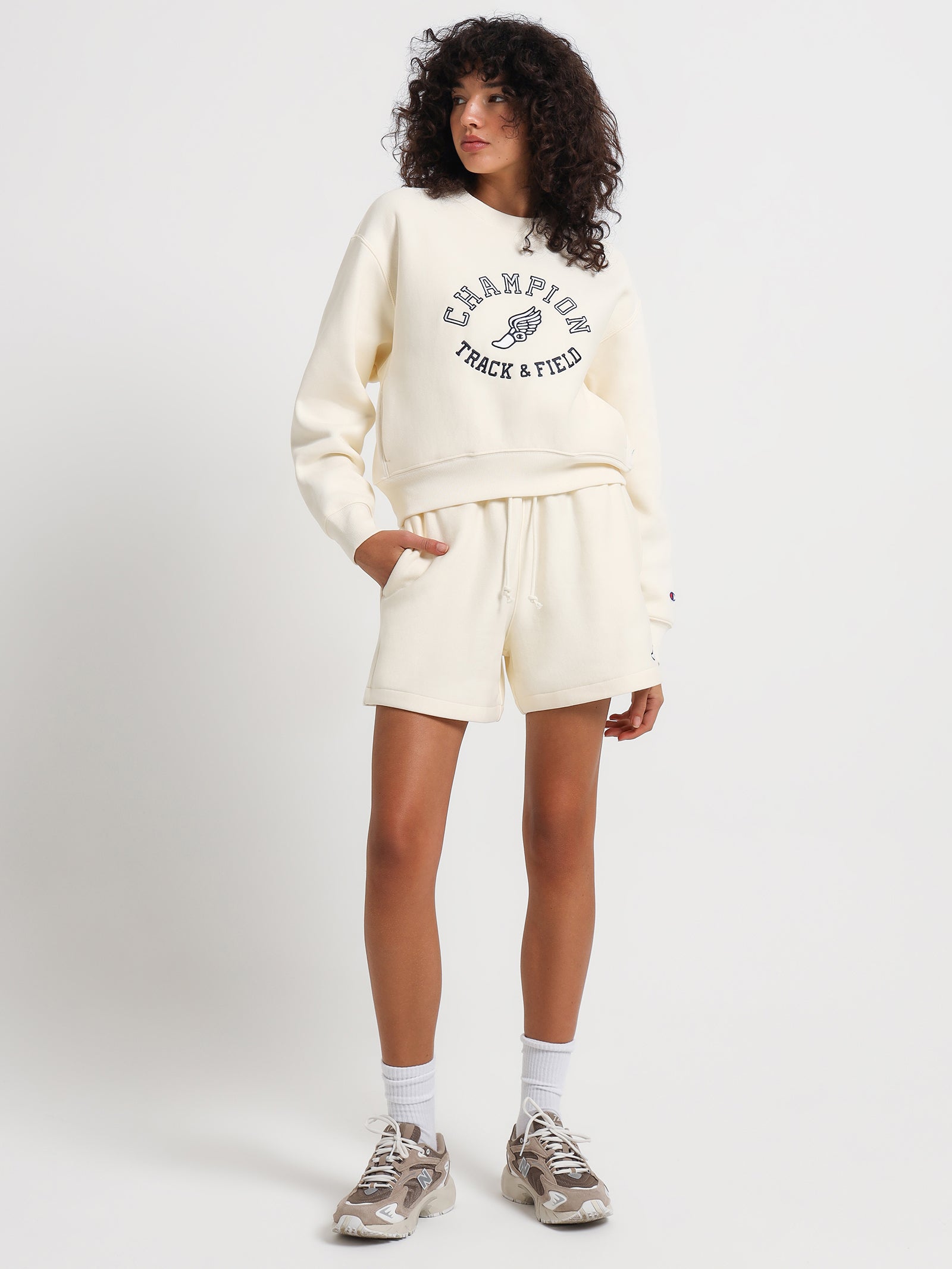 Reverse Weave Collegiate Track & Field Crew Sweater in Chalk White